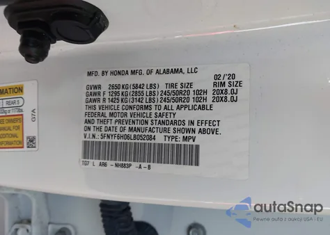 2020 Honda Pilot Awd Elite из США, поврежденный, VIN 5FNYF6H06LB052084